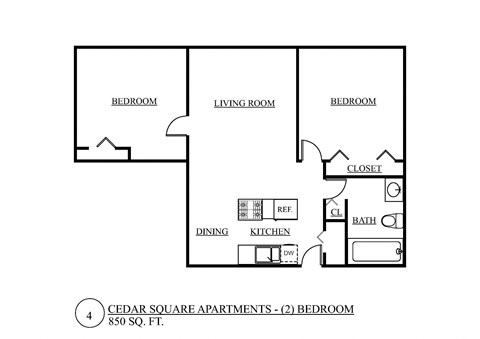 Floor plan for 2 beds, 1 bath, 850 sqft